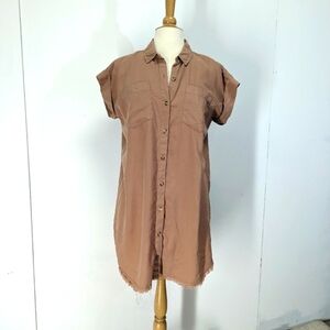 Anthropologie Thread & Supply Neutral Shirt dress Cap Sleeve  Raw Hem S Latte